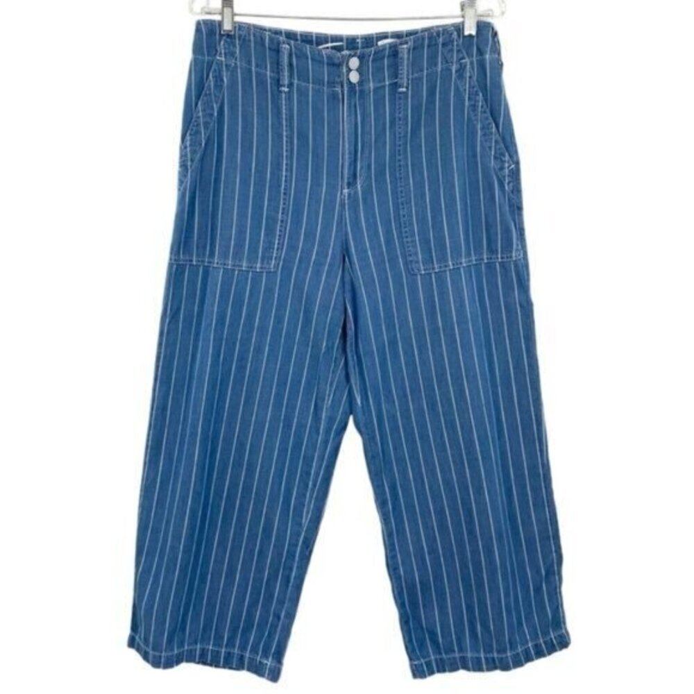 Seven7 Pin Stripe Wide Leg Cropped Chambray Pants High Waisted